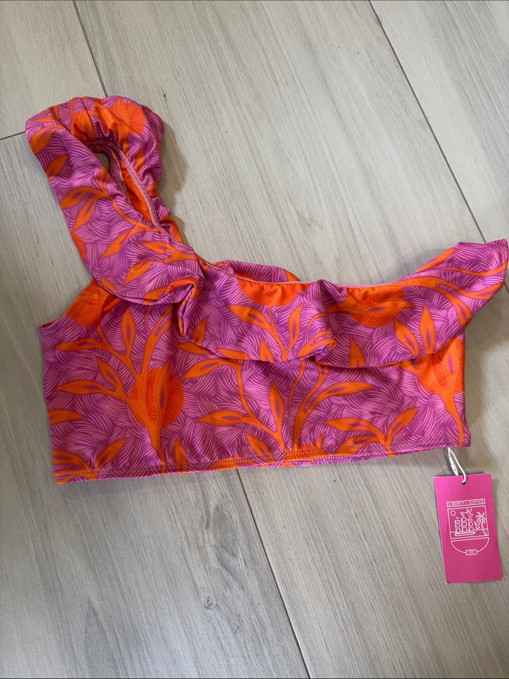 One-Shoulder Ruffle Bikini Top in Pink & Orange